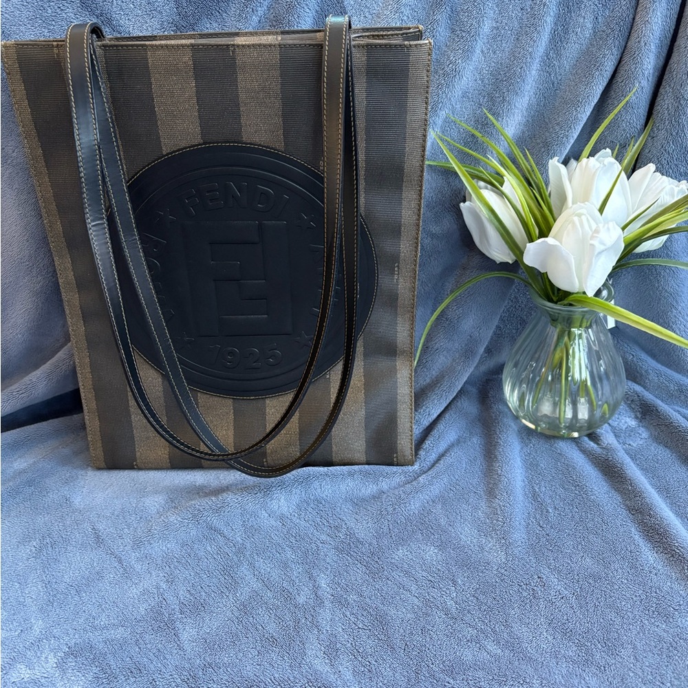 SOLD Fendi Tall Pequin Big Logo Tote Bag Black And Brown Leather Coated Canvas